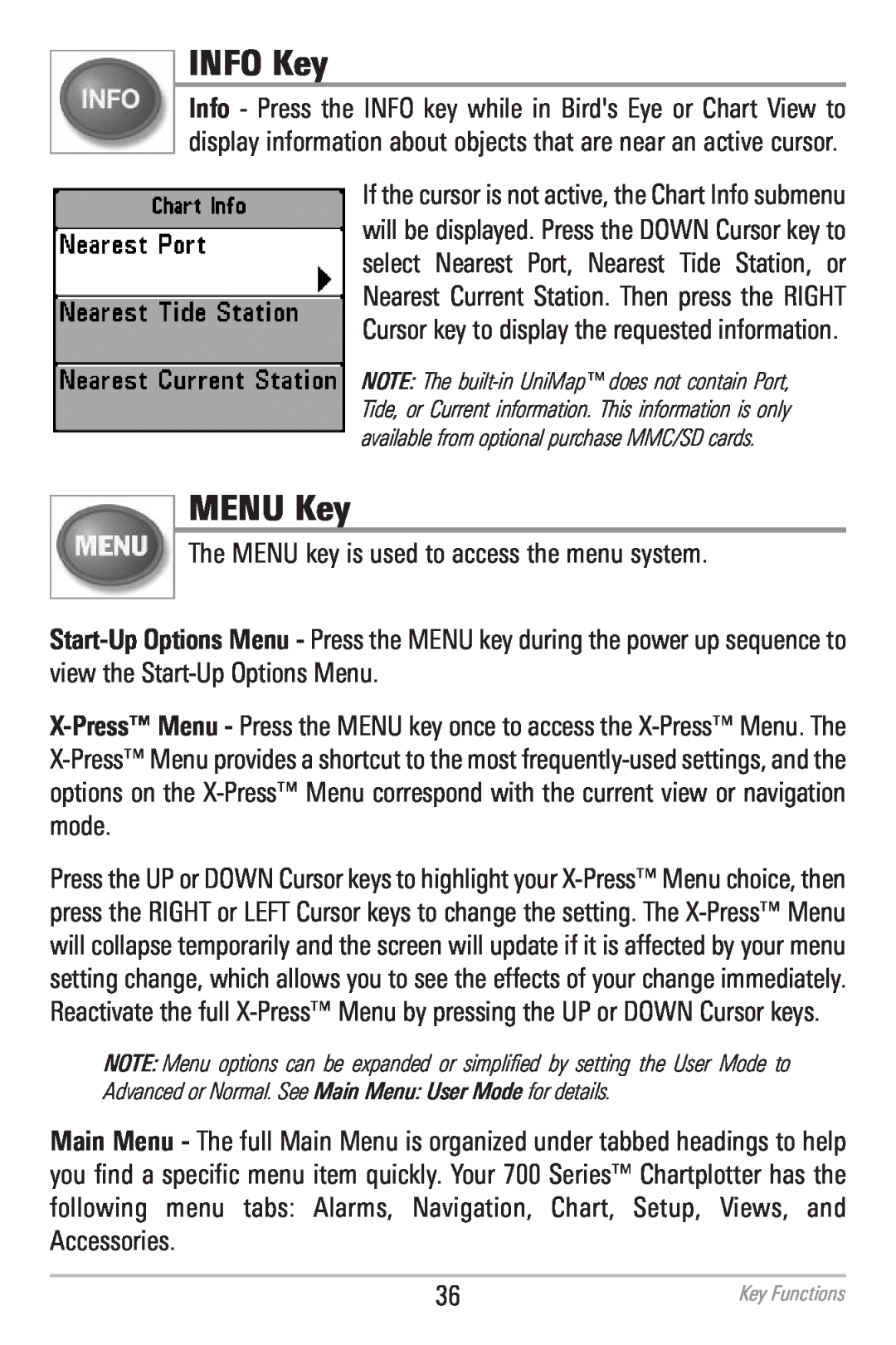 Humminbird 786CI manual INFO Key, MENU Key 
