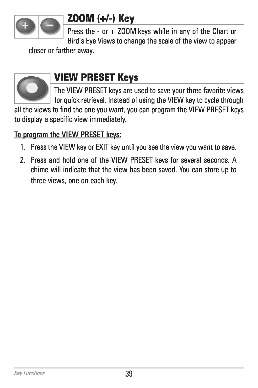 Humminbird 786CI manual ZOOM +/-Key, VIEW PRESET Keys 