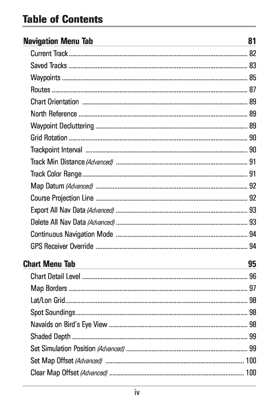 Humminbird 786CI manual Table of Contents, Navigation Menu Tab, Chart Menu Tab 