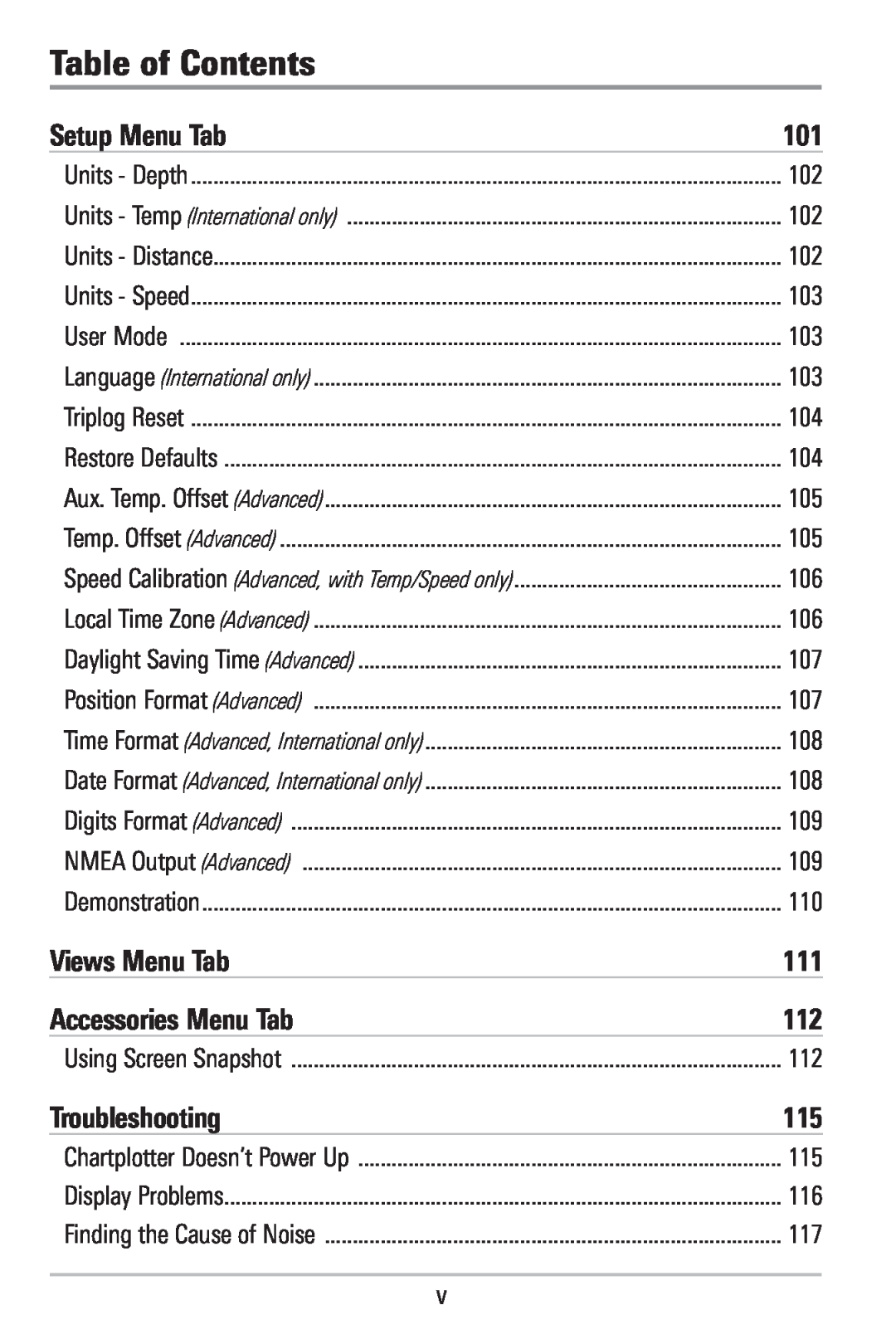 Humminbird 786CI manual Table of Contents, Setup Menu Tab, Views Menu Tab, Accessories Menu Tab, Troubleshooting 