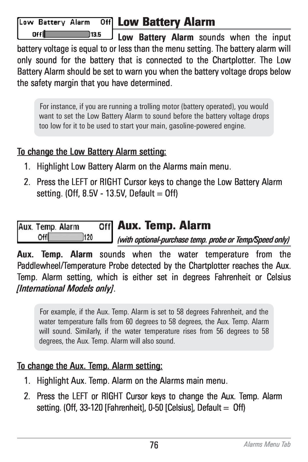 Humminbird 786CI manual Low Battery Alarm, Aux. Temp. Alarm 