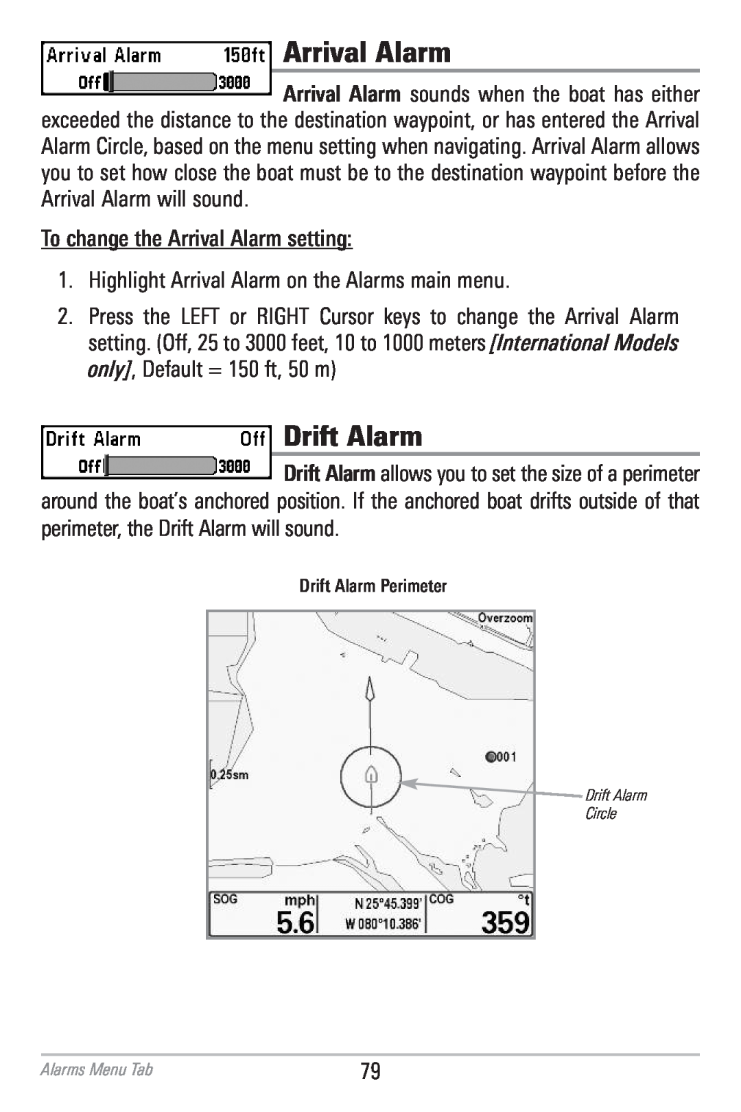Humminbird 786CI manual Arrival Alarm, Drift Alarm 