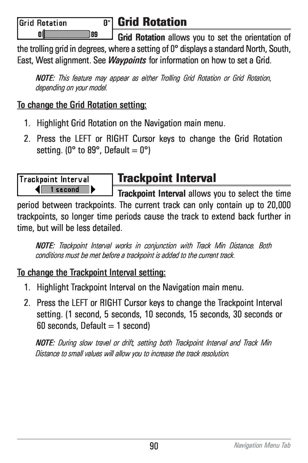 Humminbird 786CI manual Grid Rotation, Trackpoint Interval 