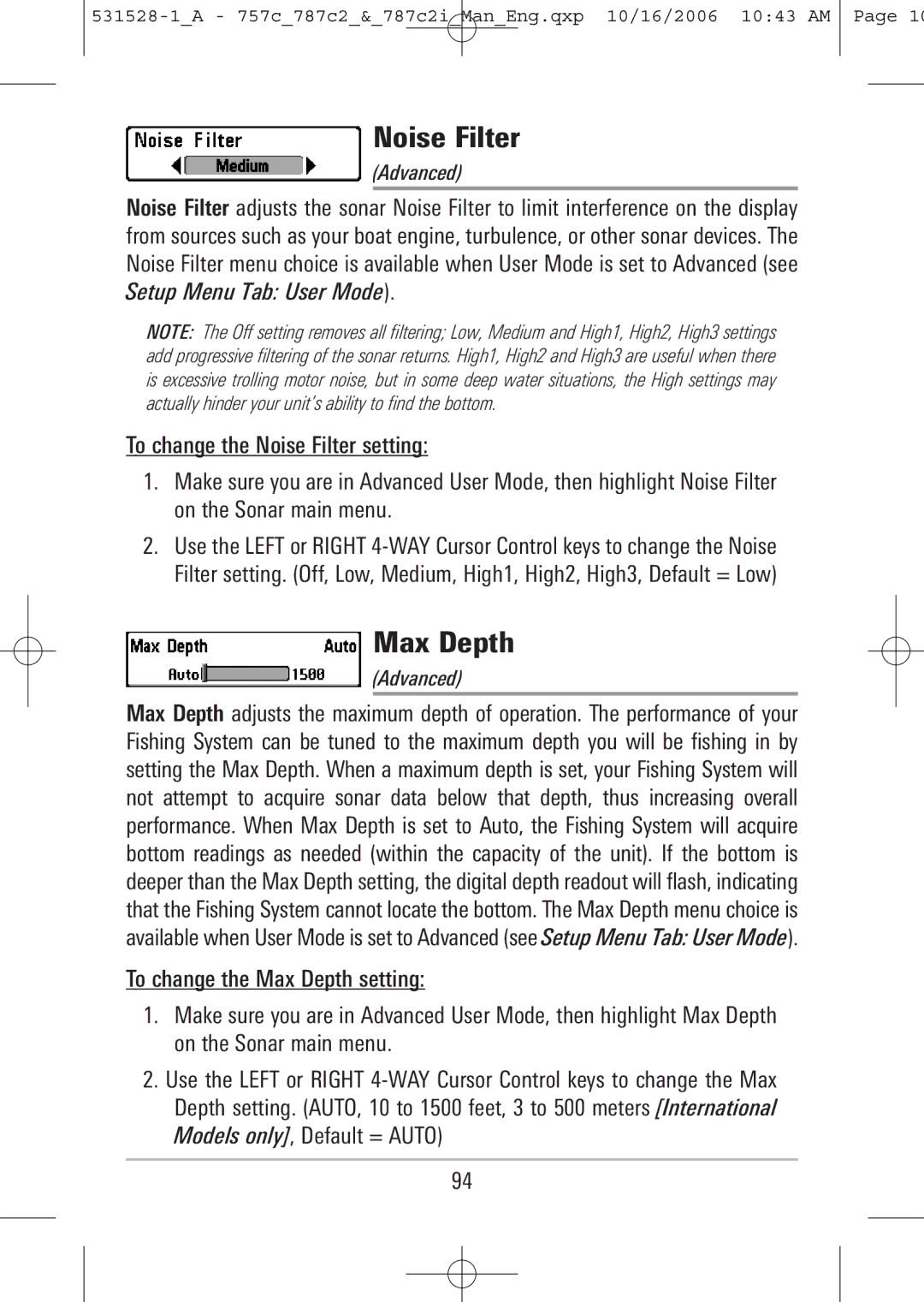 Humminbird 757c, 787c2i manual Noise Filter, Max Depth 