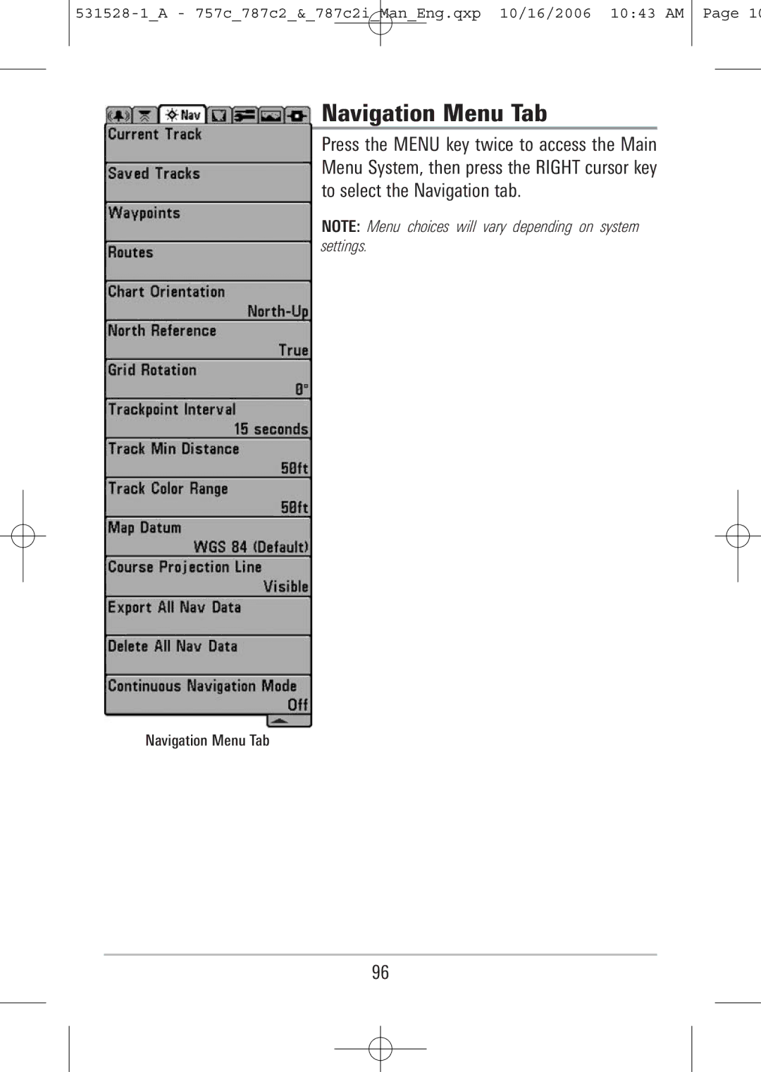 Humminbird 757c, 787c2i manual Navigation Menu Tab 