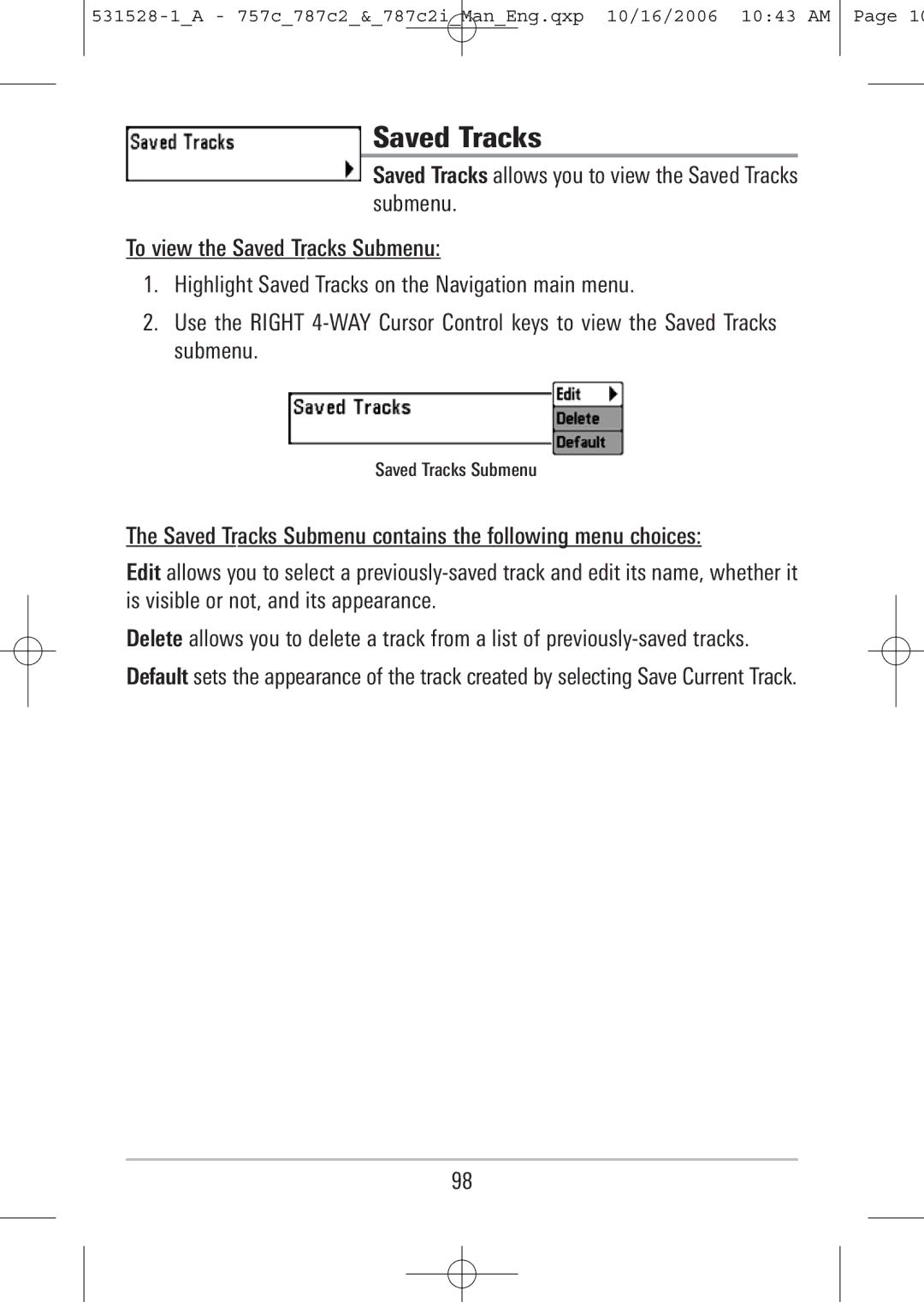 Humminbird 757c, 787c2i manual Saved Tracks Submenu 