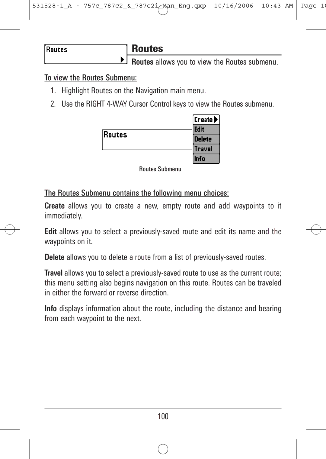 Humminbird 757c, 787c2i manual Routes Submenu 