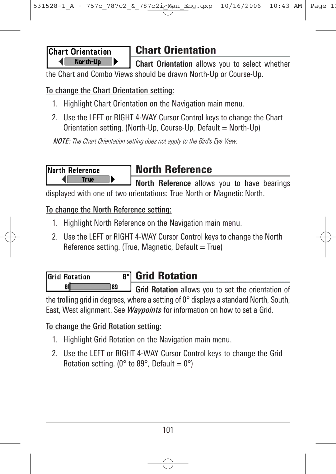 Humminbird 787c2i, 757c manual Chart Orientation, North Reference, Grid Rotation 
