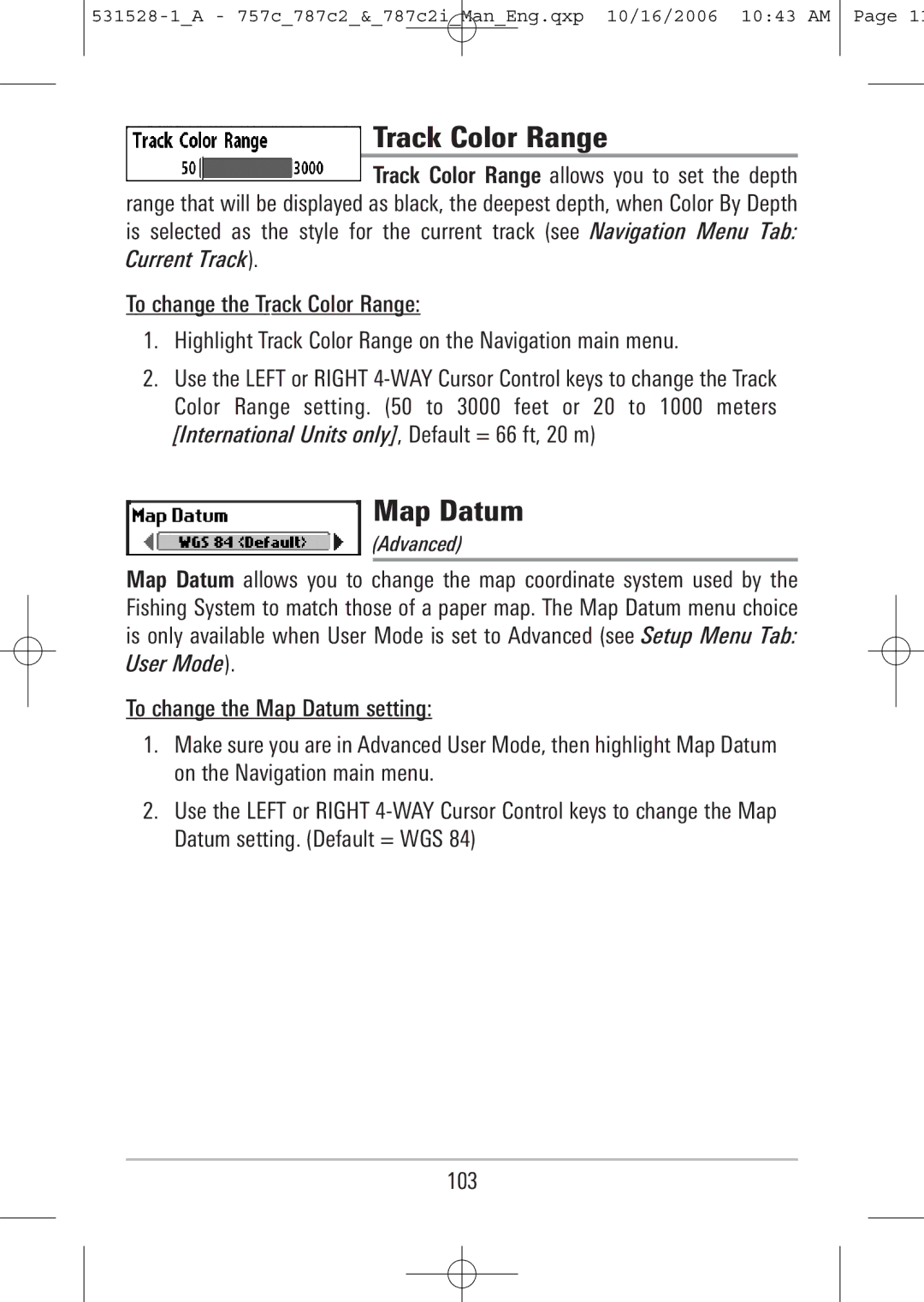 Humminbird 787c2i, 757c manual Track Color Range, Map Datum 