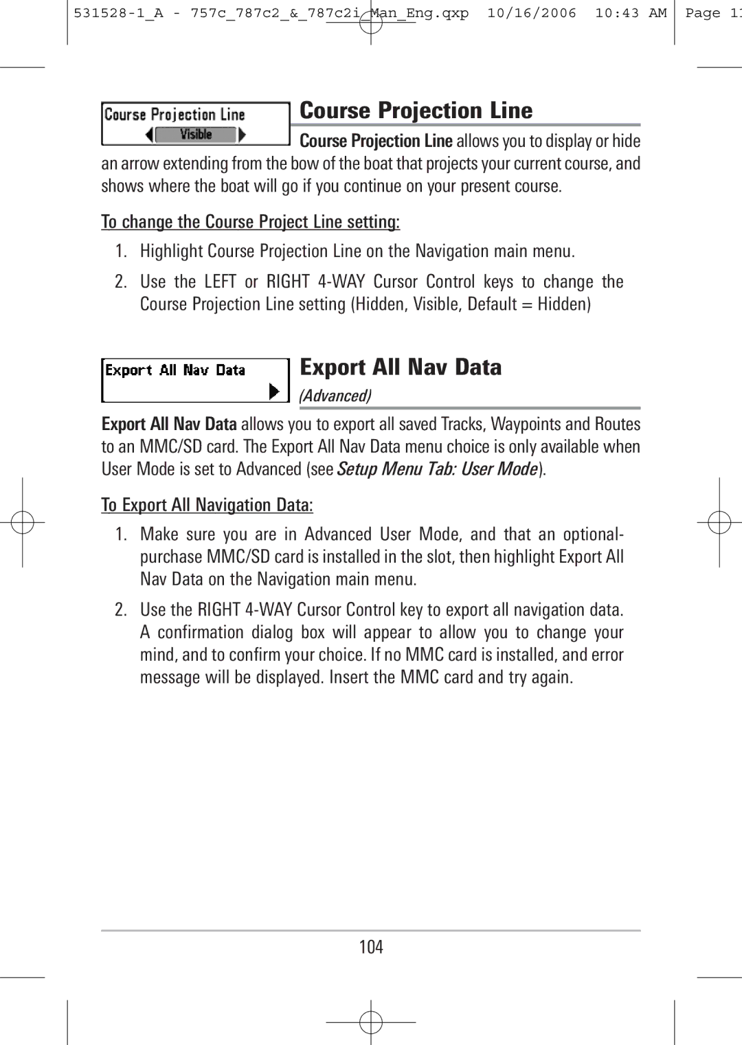 Humminbird 757c, 787c2i manual Course Projection Line, Export All Nav Data, To Export All Navigation Data, 104 