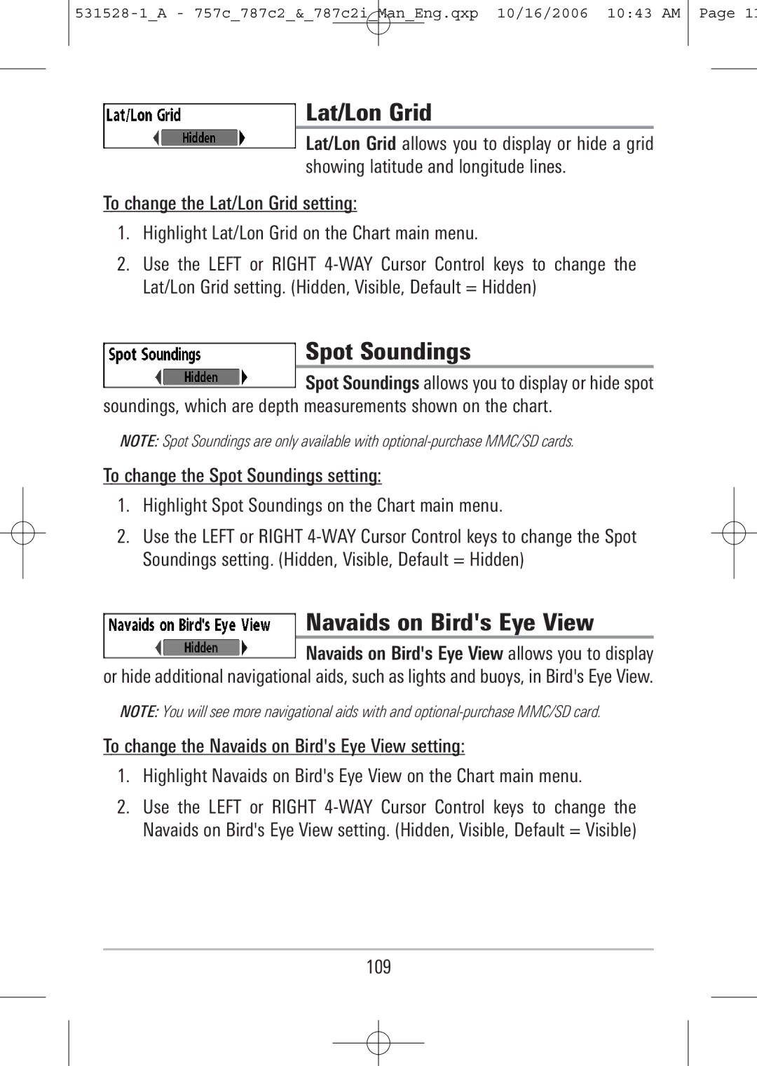 Humminbird 787c2i, 757c manual Lat/Lon Grid, Spot Soundings, Navaids on Birds Eye View, 109 