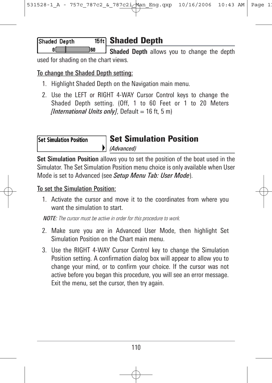 Humminbird 757c, 787c2i manual Shaded Depth, Set Simulation Position, 110 