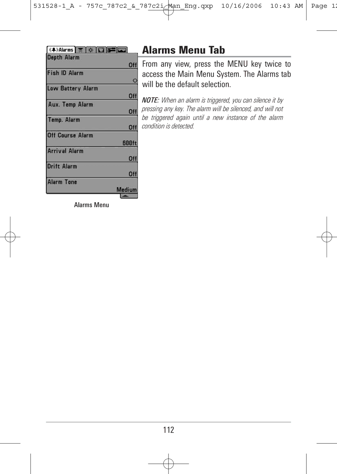 Humminbird 757c, 787c2i manual Alarms Menu Tab, 112 