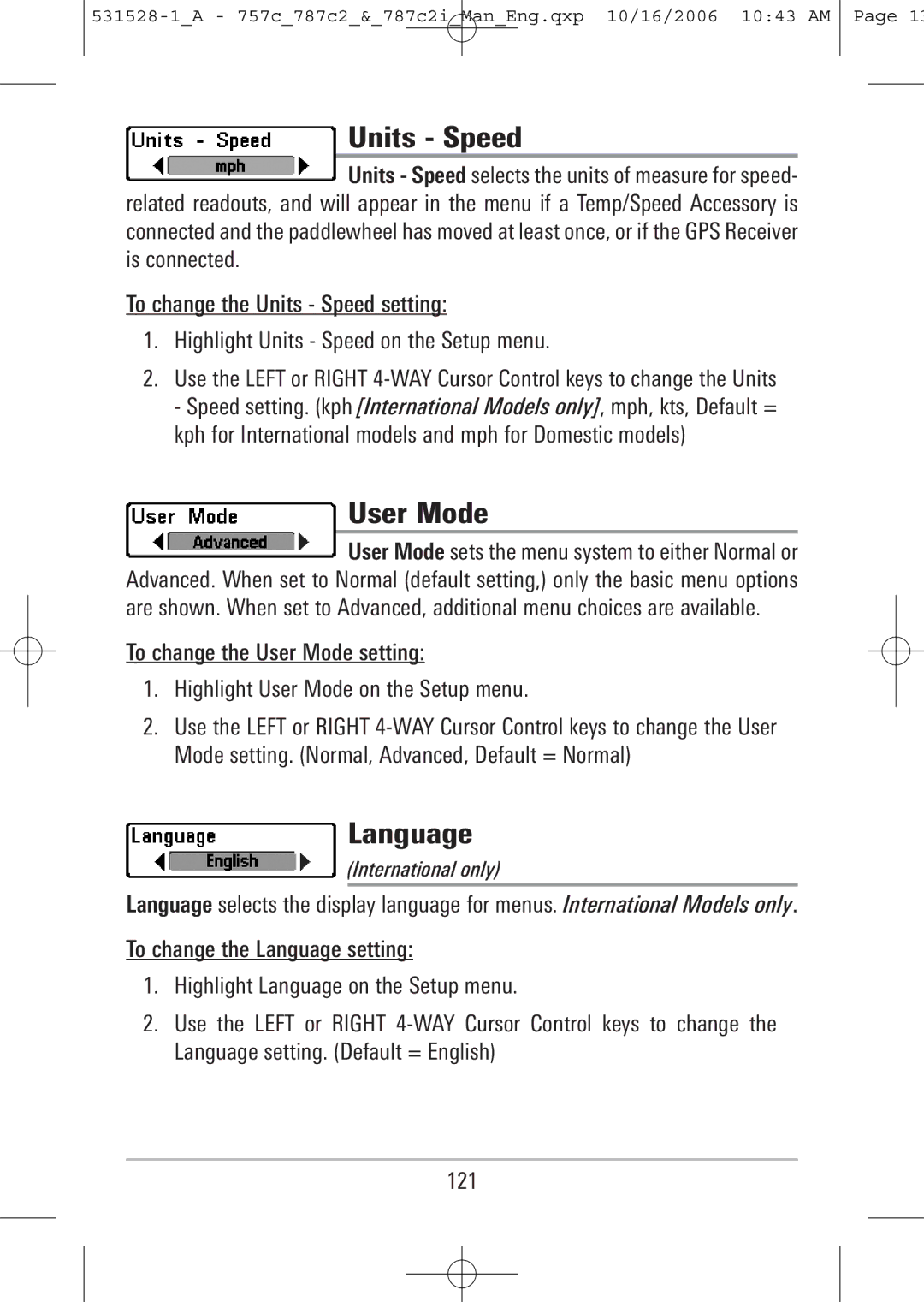 Humminbird 787c2i, 757c manual Units Speed, User Mode, Language 