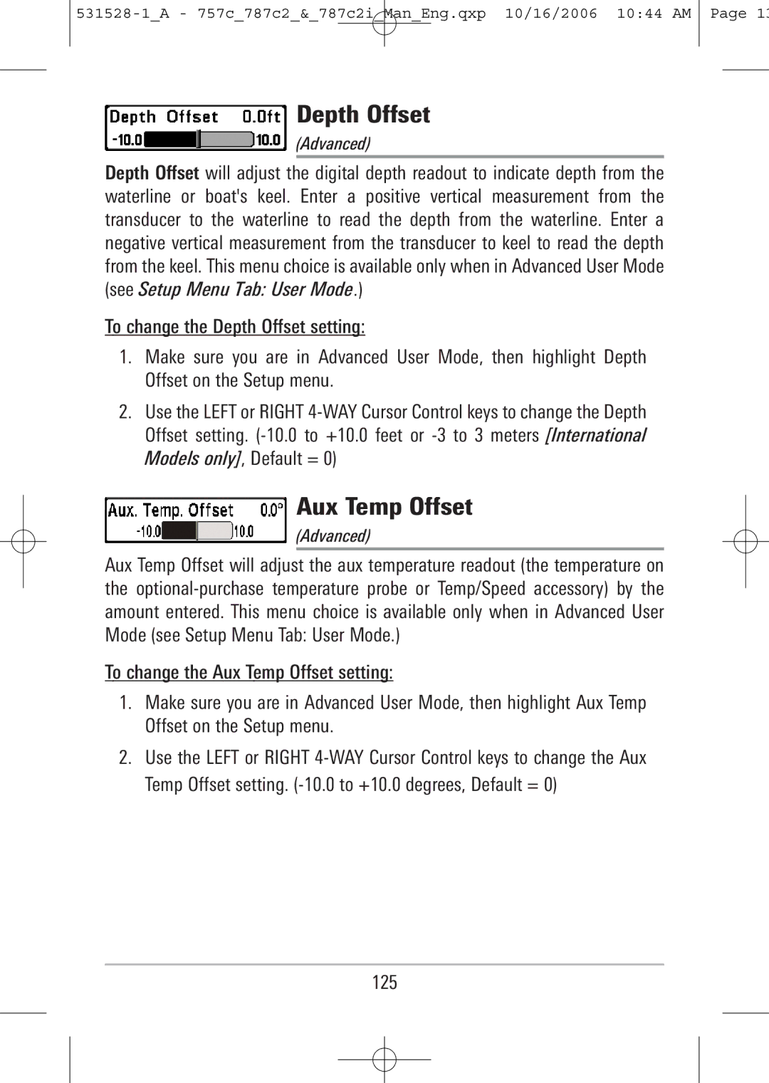 Humminbird 787c2i, 757c manual Depth Offset, Aux Temp Offset, 125 