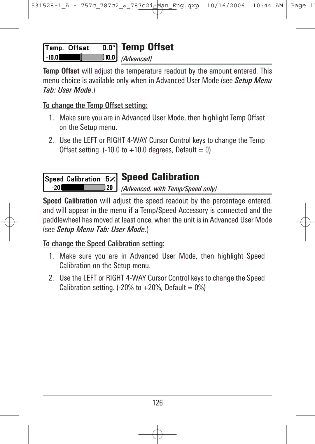 Humminbird 757c, 787c2i manual Temp Offset, Speed Calibration, 126, Advanced, with Temp/Speed only 