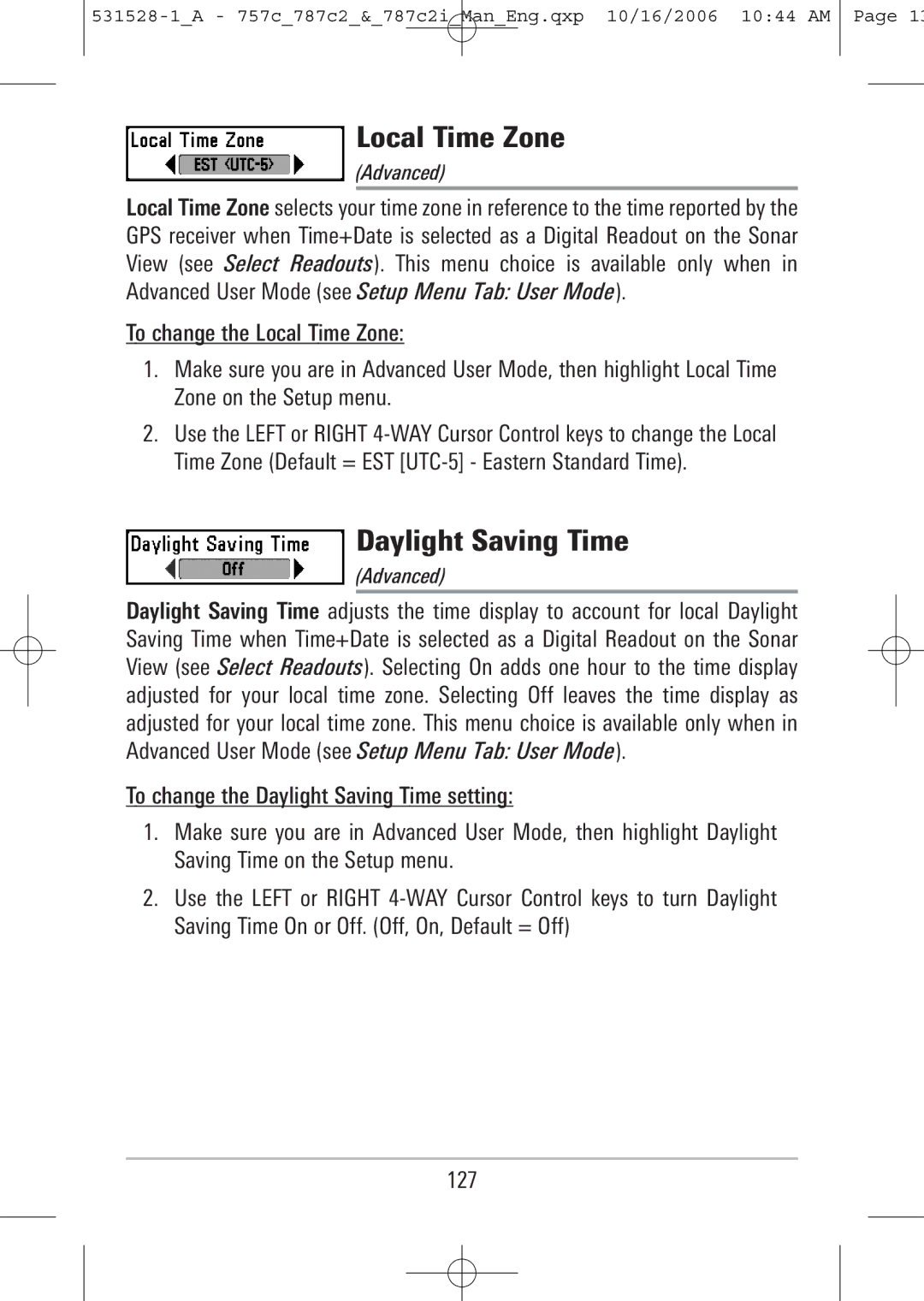 Humminbird 787c2i, 757c manual Local Time Zone, Daylight Saving Time 