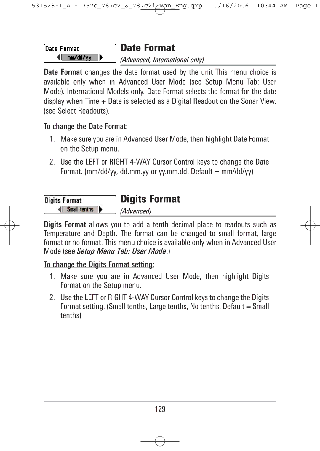 Humminbird 787c2i, 757c manual Date Format, Digits Format 