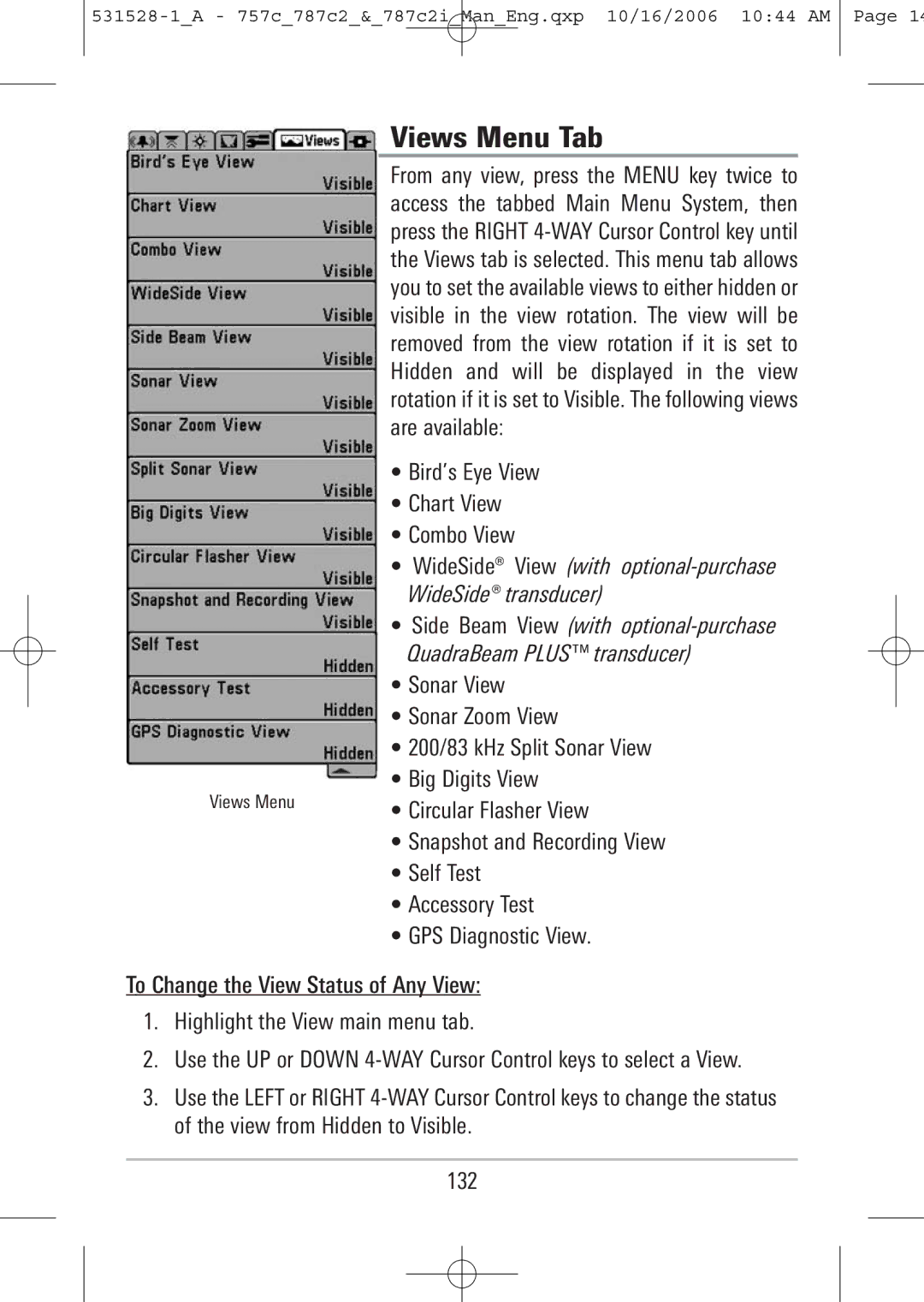 Humminbird 757c, 787c2i manual Views Menu Tab, Bird’s Eye View Chart View Combo View 