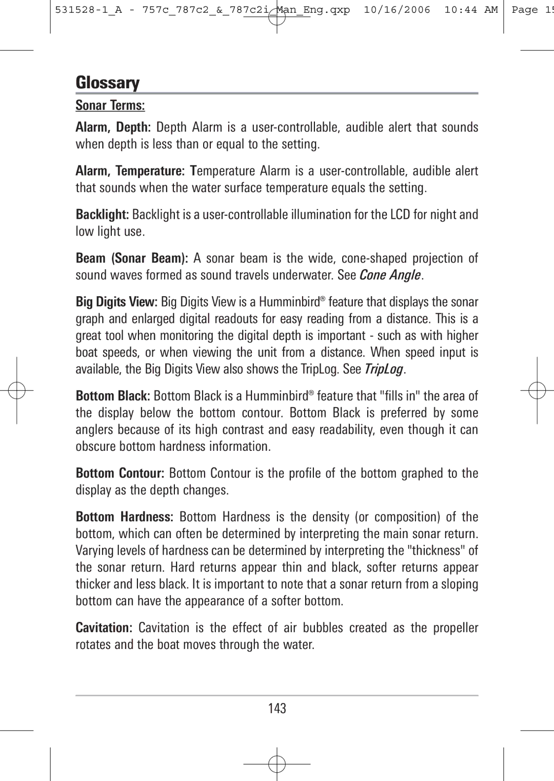 Humminbird 787c2i, 757c manual Glossary, Sonar Terms 