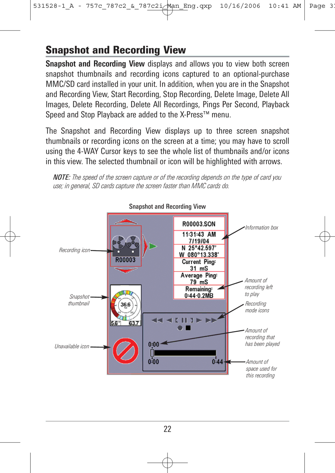 Humminbird 757c, 787c2i manual Snapshot and Recording View 