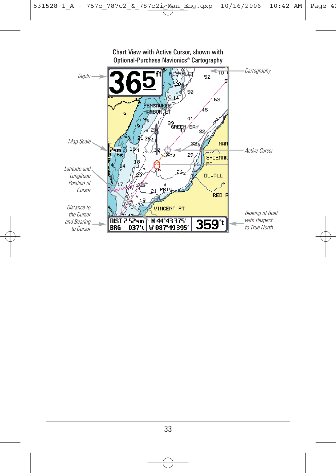 Humminbird 787c2i, 757c manual Chart View with Active Cursor, shown with, Optional-Purchase Navionics Cartography 