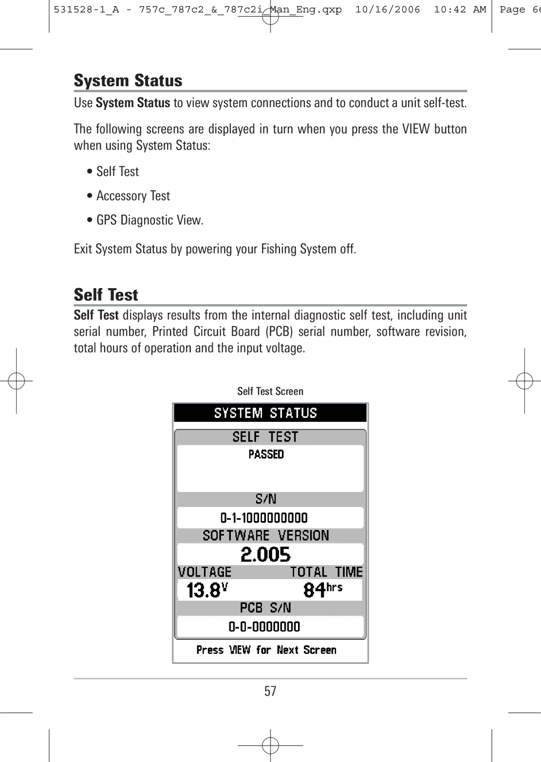 Humminbird 787c2i, 757c manual System Status, Self Test 