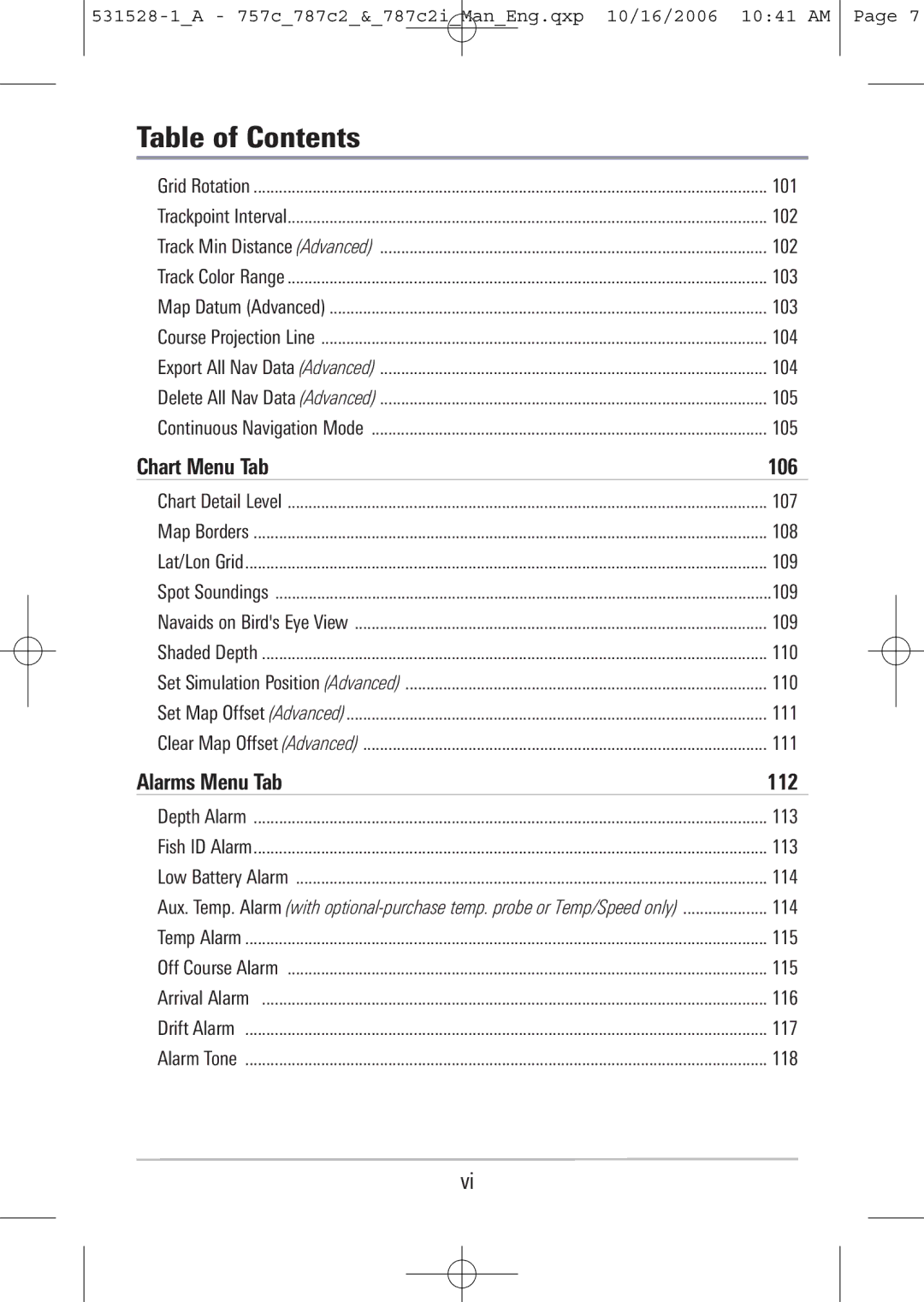 Humminbird 757c, 787c2i manual Chart Menu Tab, Alarms Menu Tab 