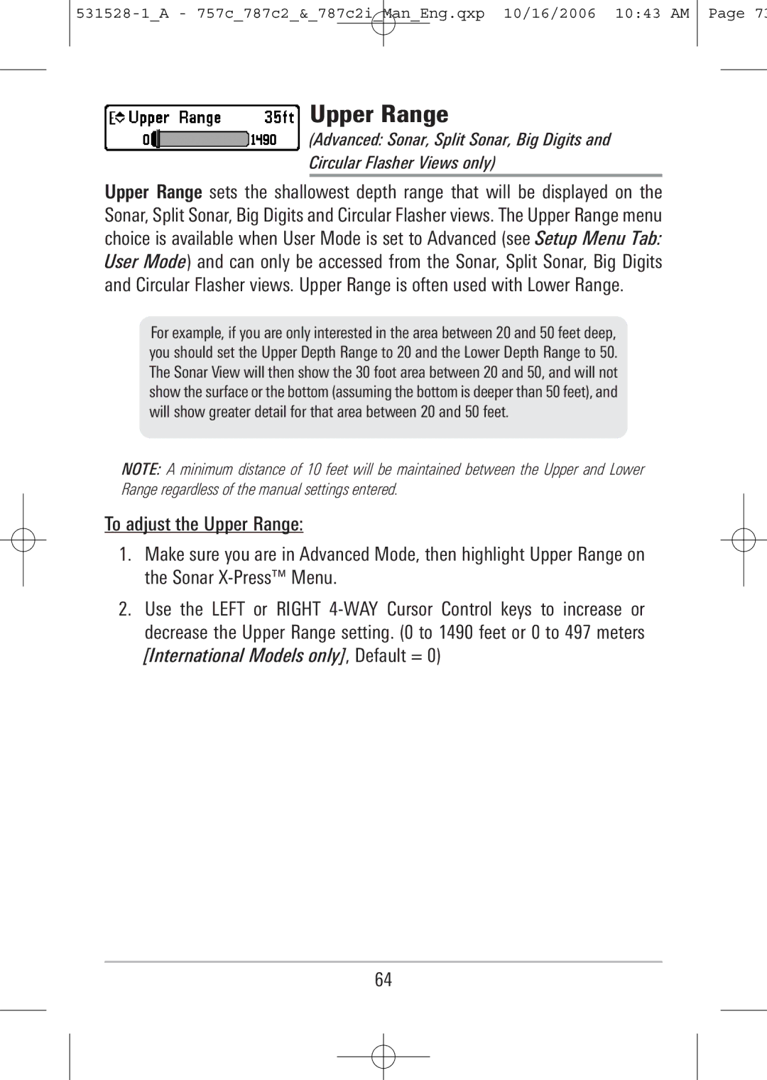 Humminbird 757c, 787c2i manual Upper Range 