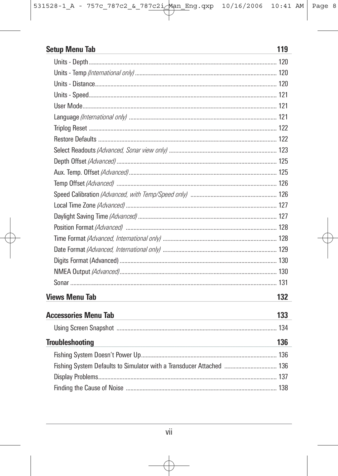 Humminbird 787c2i, 757c manual Setup Menu Tab, Views Menu Tab, Accessories Menu Tab, Troubleshooting, Vii 