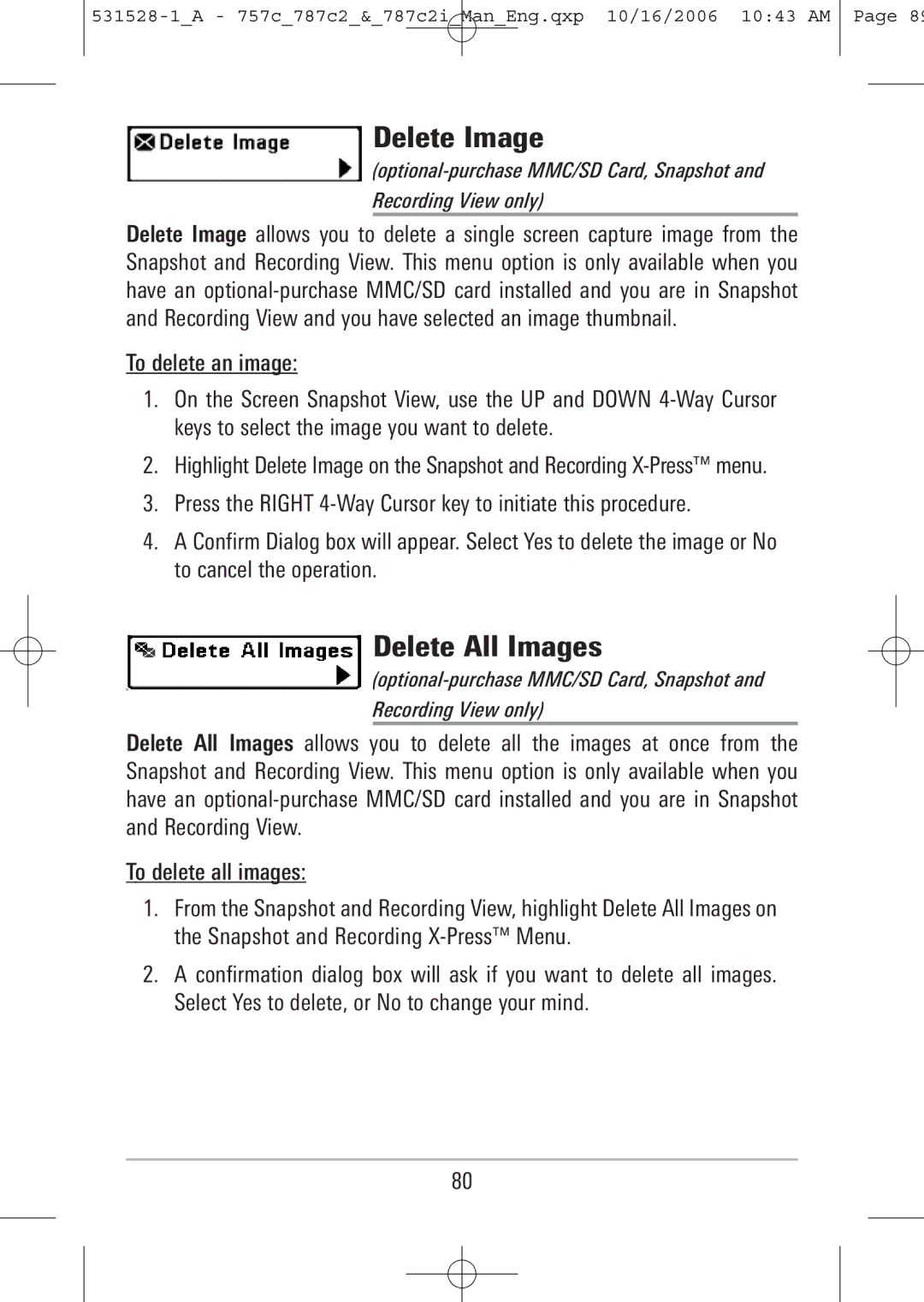 Humminbird 757c, 787c2i manual Delete Image, Delete All Images 