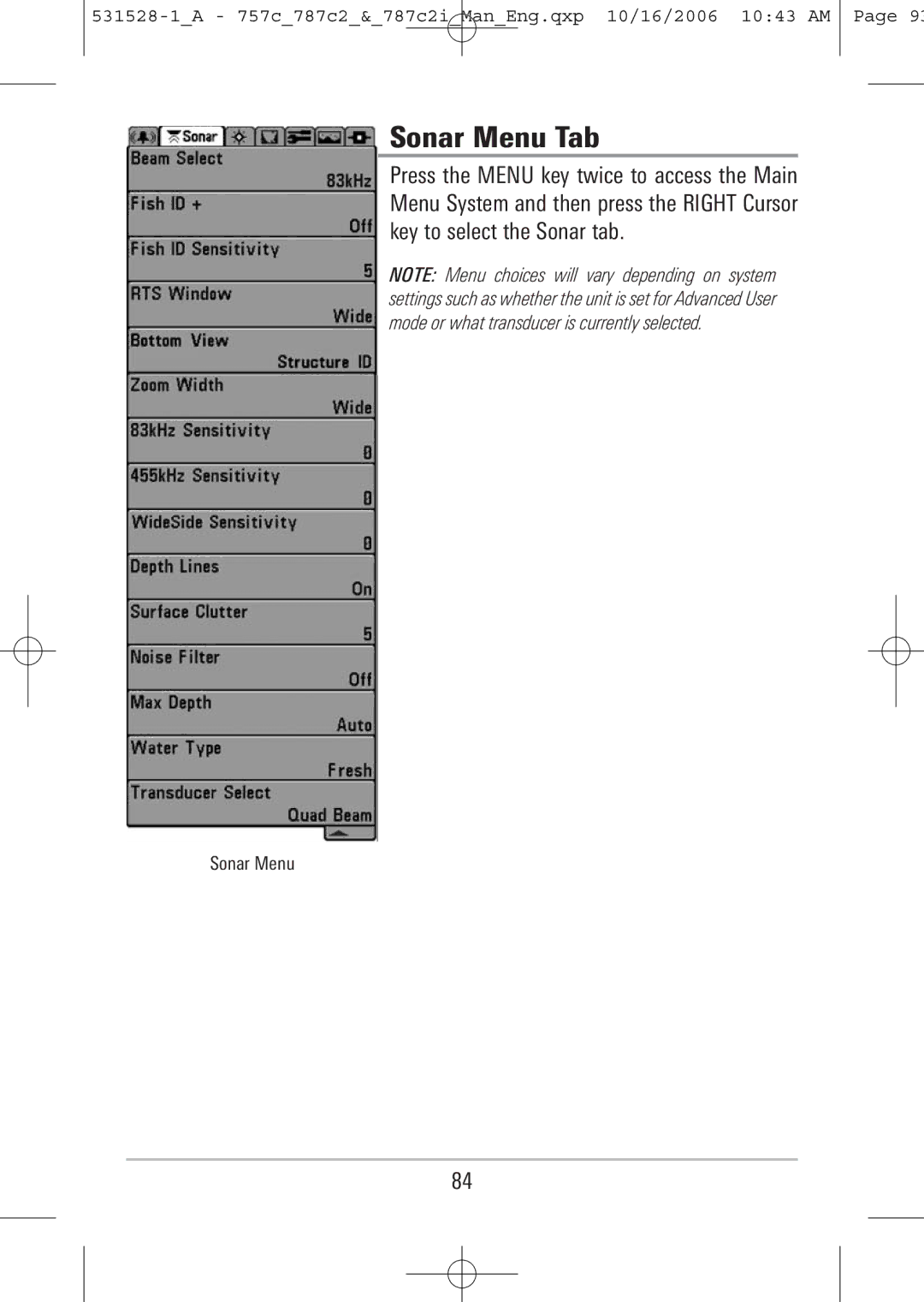 Humminbird 757c, 787c2i manual Sonar Menu Tab 