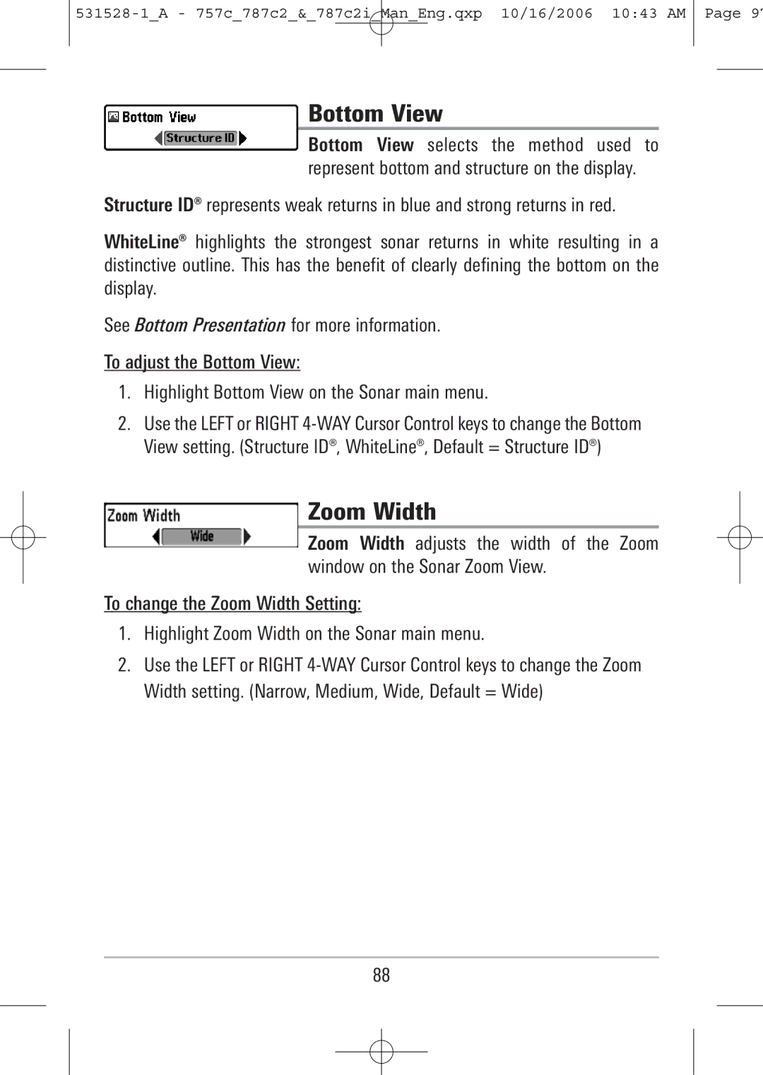 Humminbird 757c, 787c2i manual Bottom View, Zoom Width 