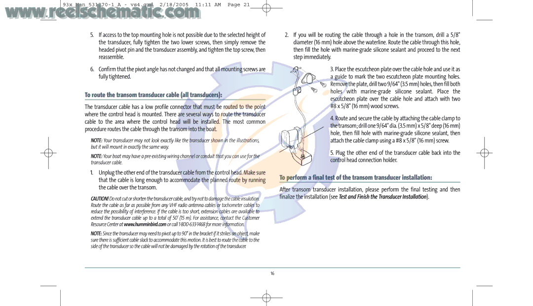 Humminbird 937C DF COMBO, 937C COMBO manual To route the transom transducer cable all transducers 
