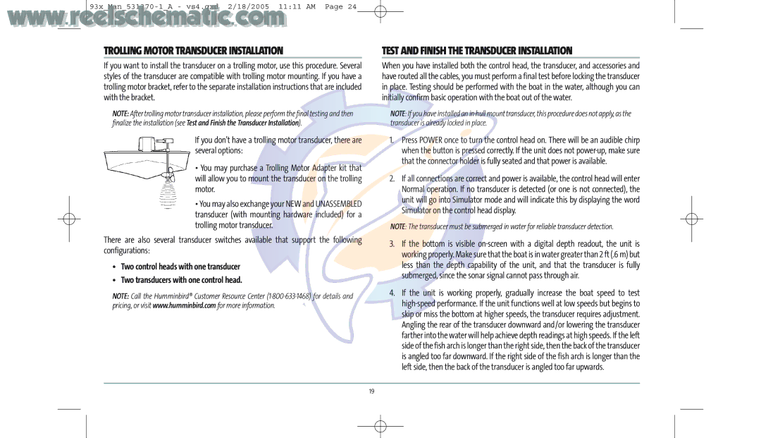 Humminbird 937C DF COMBO manual Trolling Motor Transducer Installation, Test and Finish the Transducer Installation 