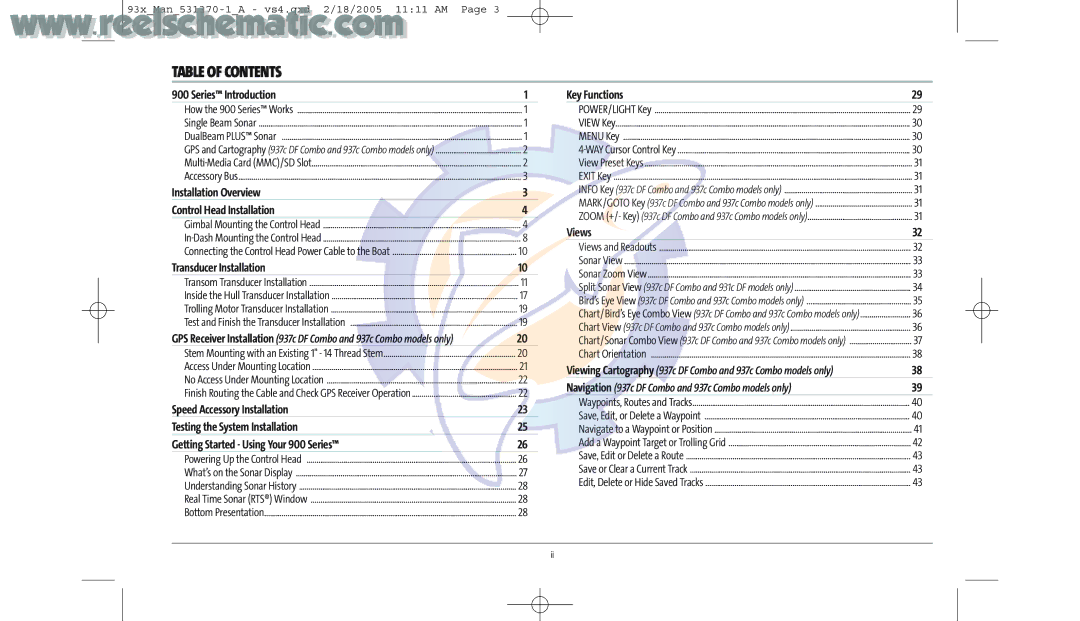 Humminbird 937C DF COMBO, 937C COMBO manual Table of Contents 