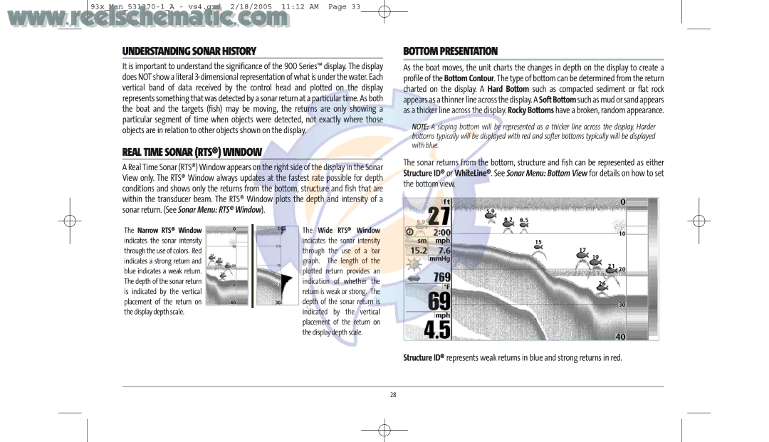 Humminbird 937C DF COMBO, 937C COMBO manual Understanding Sonar History, Real Time Sonar RTS Window, Bottom Presentation 