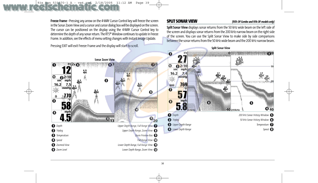 Humminbird 937C DF COMBO, 937C COMBO manual Sonar Zoom View, Split Sonar View 