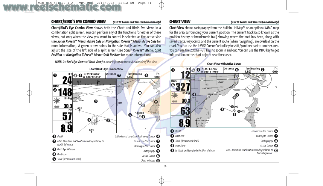 Humminbird 937C COMBO, 937C DF COMBO manual Chart/Bird’s Eye Combo View, Chart View with Active Cursor 