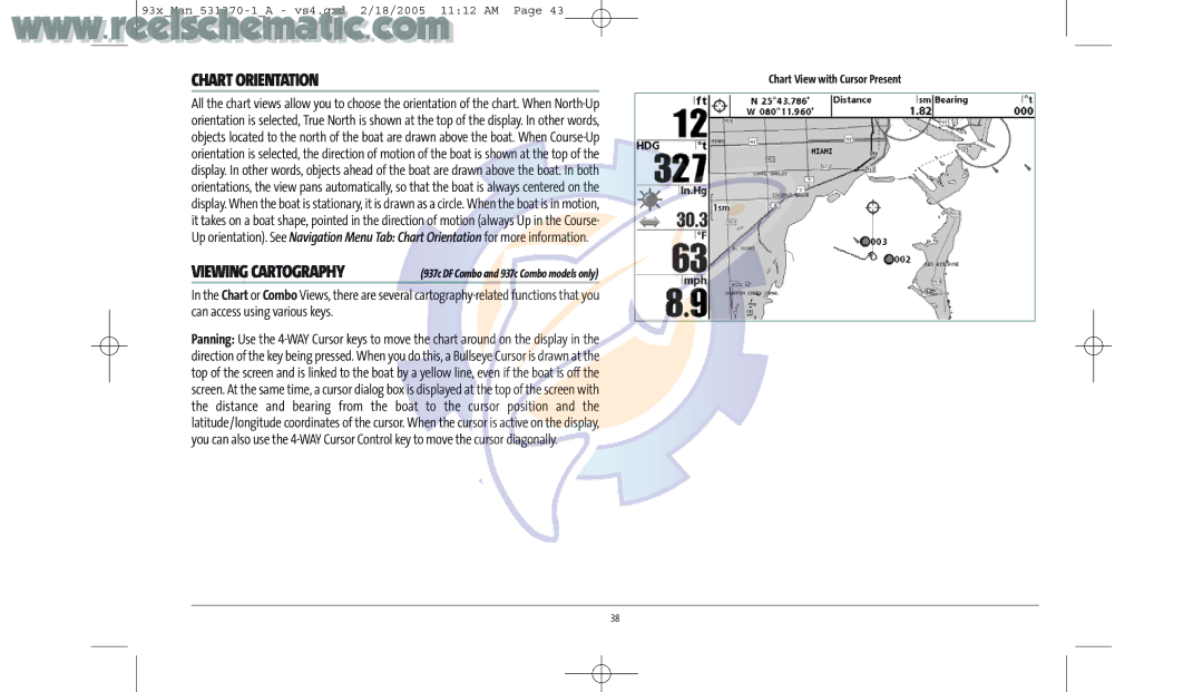 Humminbird 937C DF COMBO, 937C COMBO manual Chart Orientation, Chart View with Cursor Present 