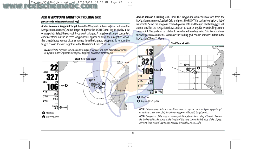 Humminbird 937C COMBO, 937C DF manual ADD a Waypoint Target or Trolling Grid, Chart View with Target, Chart View with Grid 