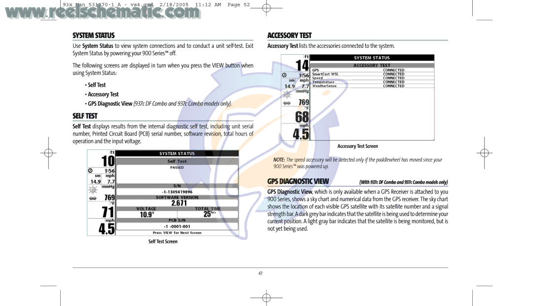 Humminbird 937C DF COMBO, 937C COMBO manual System Status, Self Test Accessory Test 