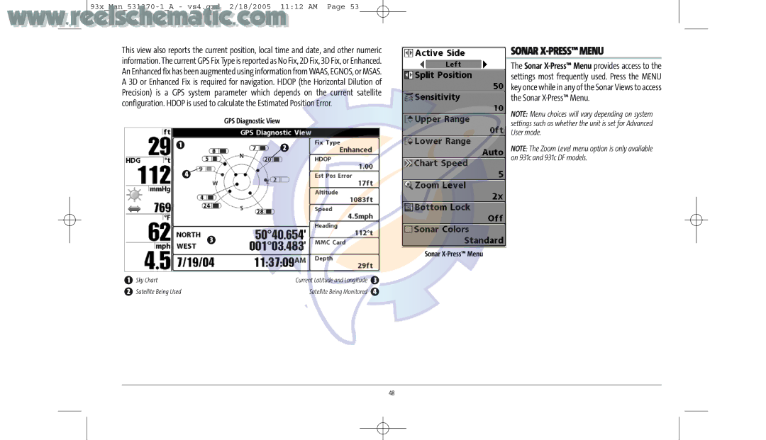 Humminbird 937C COMBO, 937C DF COMBO manual Sonar X-PRESS Menu, GPS Diagnostic View 