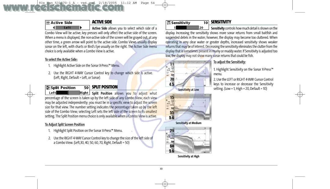 Humminbird 937C DF COMBO, 937C COMBO manual Active Side, Sensitivity, Split Position 