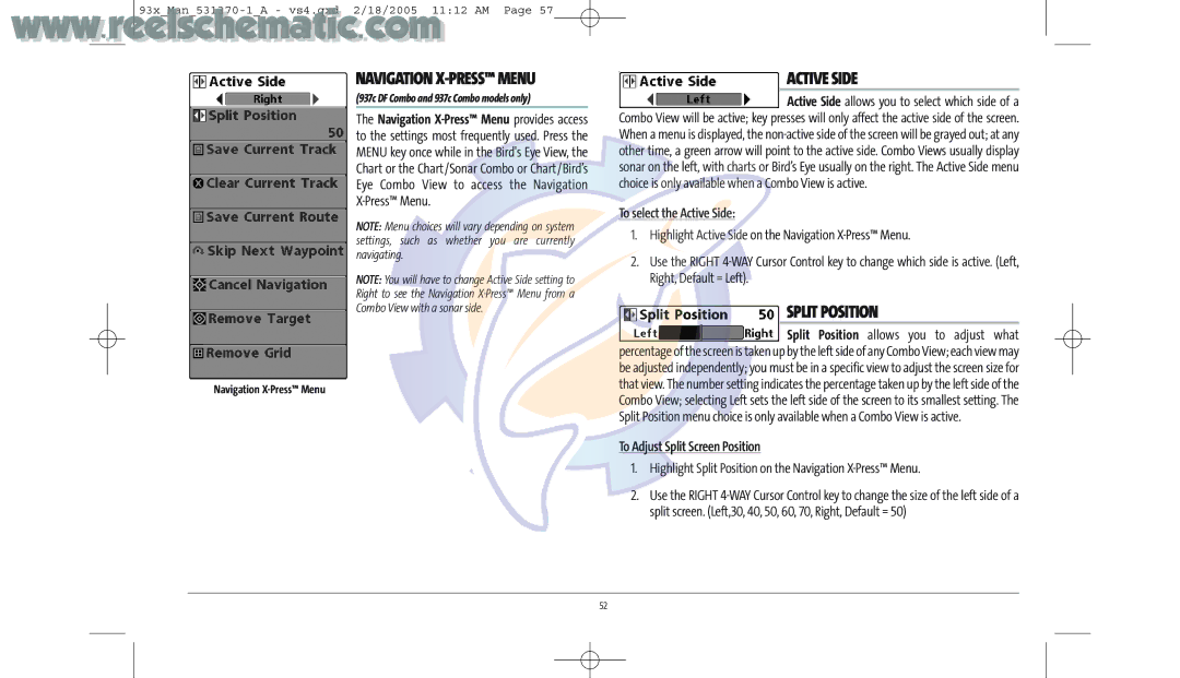 Humminbird 937C DF COMBO, 937C COMBO manual Highlight Split Position on the Navigation X-Press Menu 