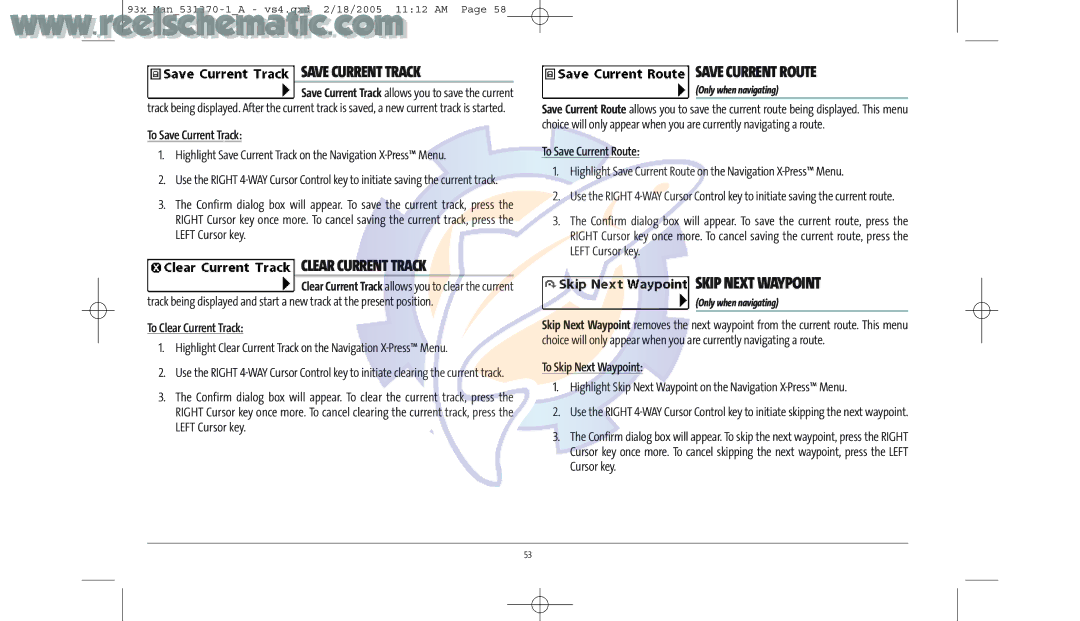 Humminbird 937C DF COMBO, 937C COMBO manual Save Current Track, Clear Current Track, Save Current Route 