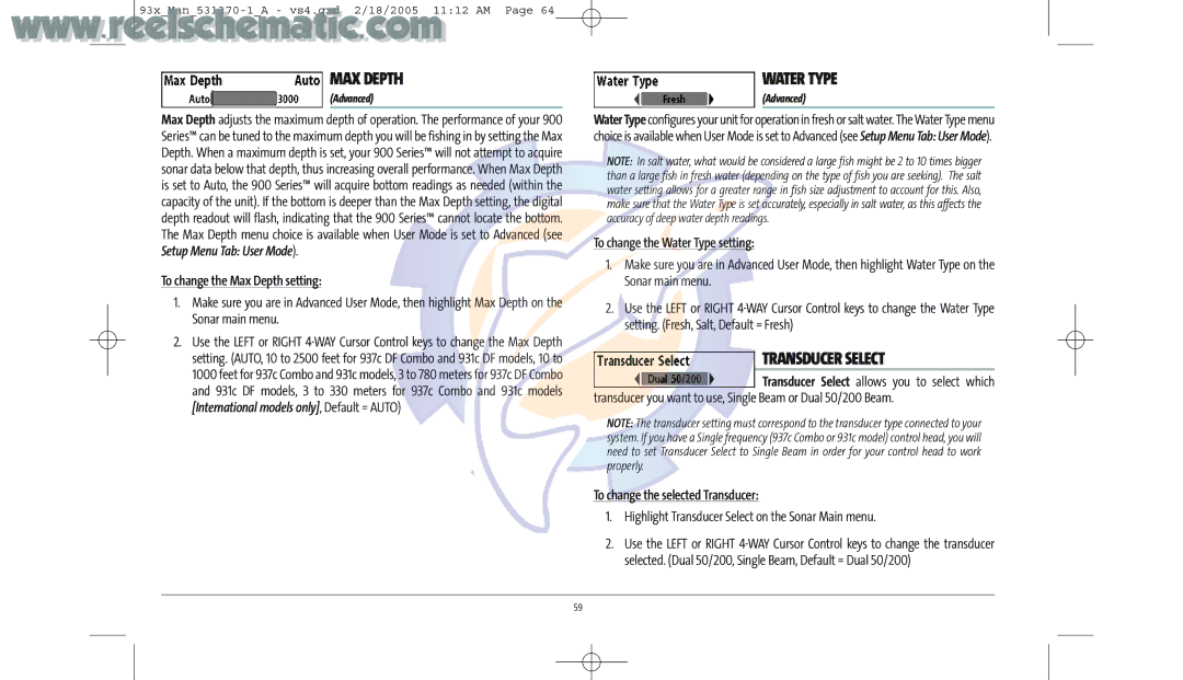 Humminbird 937C DF COMBO, 937C COMBO manual MAX Depth, Water Type, Transducer Select 