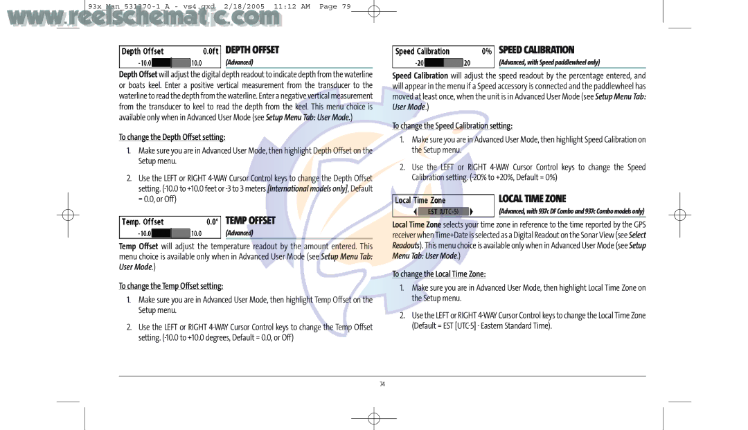 Humminbird 937C DF COMBO, 937C COMBO manual Depth Offset, Temp Offset, Speed Calibration, Local Time Zone 