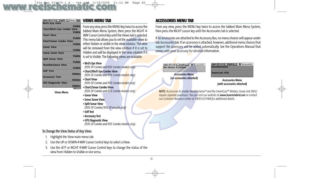 Humminbird 937C DF COMBO, 937C COMBO manual Views Menu TAB, Accessories Menu TAB, To Change the View Status of Any View 