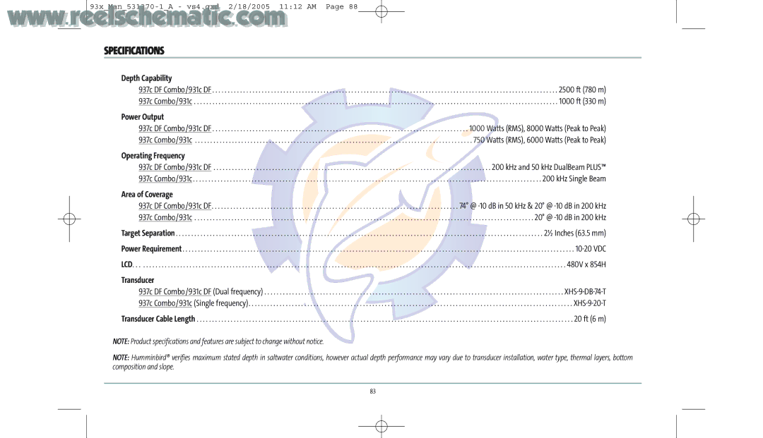 Humminbird 937C DF COMBO, 937C COMBO manual Specifications, Power Output 